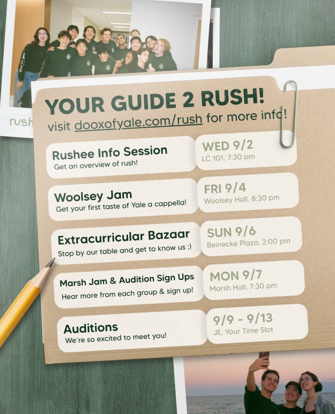Doox rush guide with events and audition dates